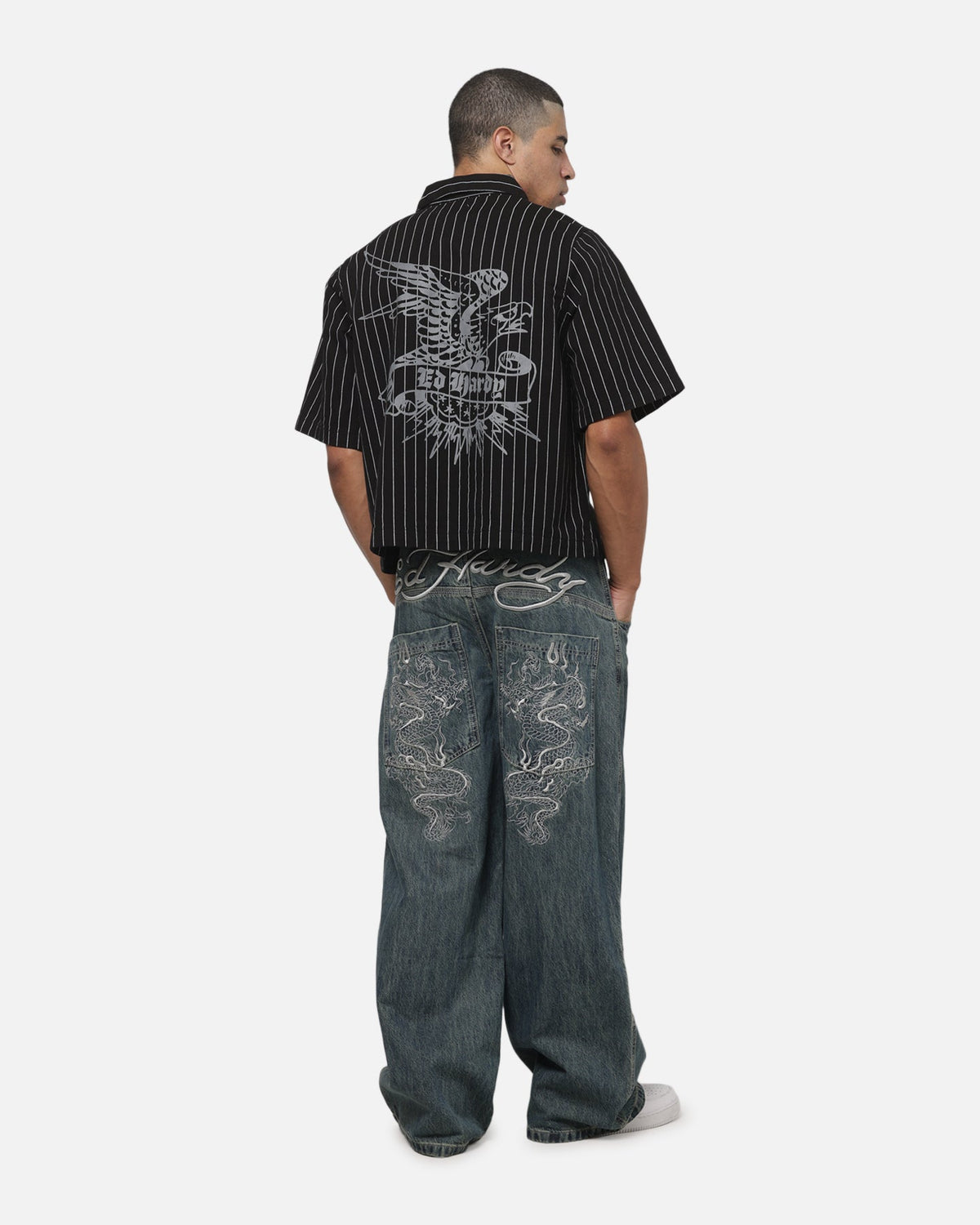 Ed Hardy Eagle Button Up Shirt Black Pinstripe