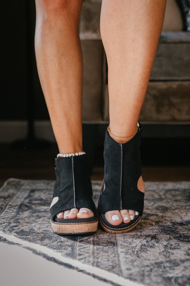Corky's Black Faux Suede Falling Hard Wedges
