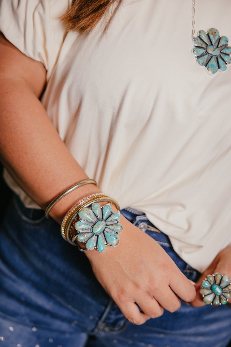 Boho Sol: Turquoise Wildflower Cuff Bracelet