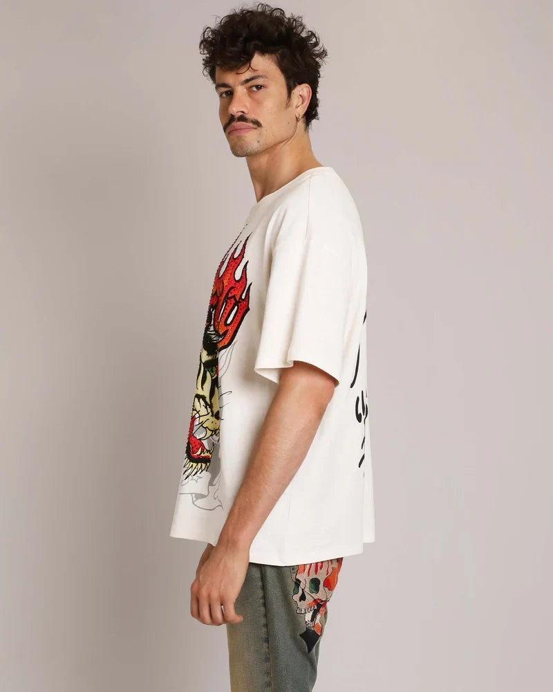 ED HARDY WOLF HEAD RHINESTONE BOXY TEE IVORY